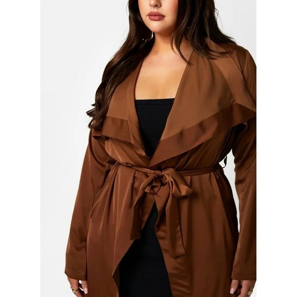 Rebdolls Plus Size 2X Satin Wide Lapel Duster Coat - Brown - Picture 12 of 13